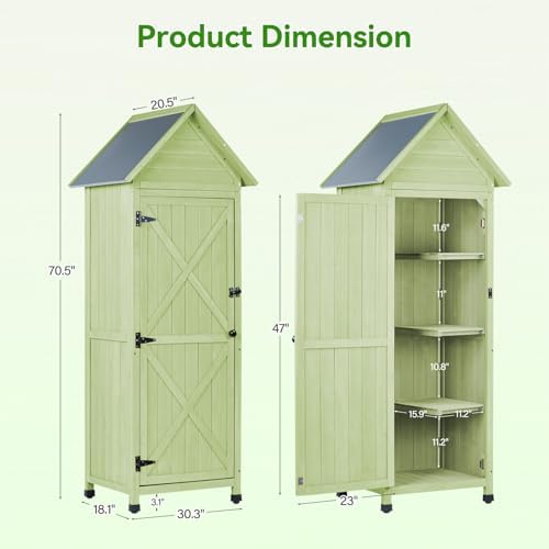 Narrow Outdoor Storage Cabinet, 67" Wooden Vertical Garden Tools Shed, Patio Storage Organizer with Latch & Waterproof Roof for Yard Deck Lawn Farmland Equipment(Green) - Image 4