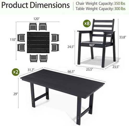 10-Piece Outdoor Dining Set, All-Weather HDPE Patio Furniture, Two 66.5" Slatted Table with 1.6" Umbrella Hole & 8 Ergonomic Armchairs, Heavy Duty 350lbs Capacity, UV Resistant, Black - Image 4