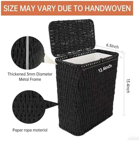 Coeusy 3 Gallon Paper Rope Bathroom Trash Can,Small Wicker Trash Cans with Lid and Liner,Woven Rattan Narrow Waste Basket for Bedroom,Office,Black - Image 3