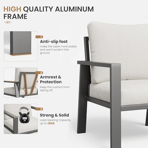 Outdoor Sofa Chair Aluminum Patio Couch Set of 2 All-Weather Patio Sofa Armchair Furniture Set Chairs with Beige Cushions - Image 2