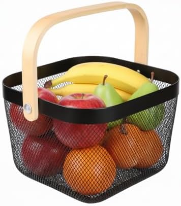 Mesh Steel Storage Organizer Basket Fruit Basket Bin with Wood Handle Ideal for Kitchen Bathroom Picnic Baskets Pantry Cabinets Storage Home Decor (Black) by Ymeibe