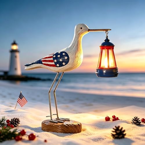 Solar Red White and Blue Seagull Statue Lights National Flag with Christmas,Housewarming Gift for Mom Women by QZJDDZSW