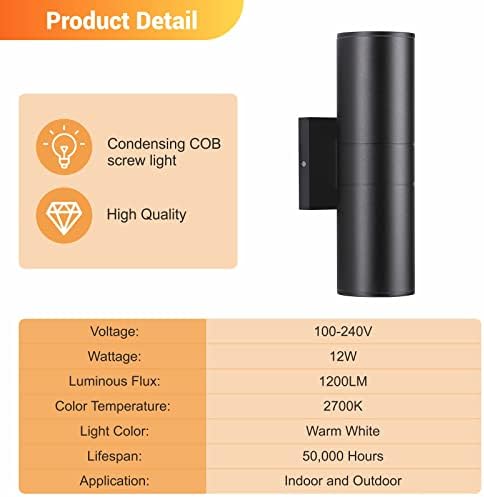 DAKAFUL Outdoor Wall Lights 6Pack, Integrated LED Cylinder Up Down Lights, 12W 2700K Aluminum Exterior Wall Light, Outdoor Light Fixture for Porch Patio Door - Image 4