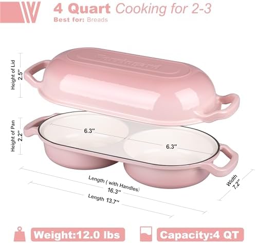 VORRINGARD Enameled Cast Iron Double Dutch Oven with Lid, Dual Round Loaf Pan, Bread pan for Homemade Sourdough Bread Baking, Pink - Image 2