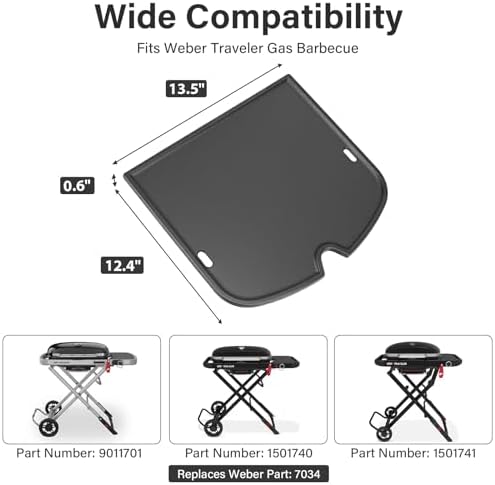 7034 Cast Iron Griddle - 13.5" x 12.4" for Weber Traveler Gas Grill with Grease Holes, Flat Top Insert Cooking Griddle for Traveler Model 9010001 9011701 1501740 1501741 and More - Image 2