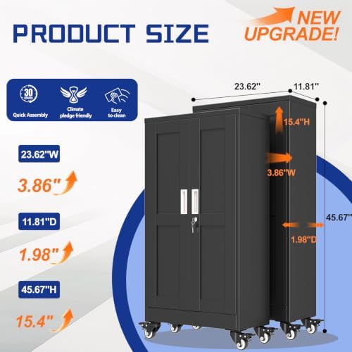 GAIOUS Metal Garage Storage Cabinet with Lock and Wheels, 45.7" Tall Metal Storage Cabinets with Locked Door and 3 Adjustable Shelves, Rolling Tool Cabinet, Utility File Cabinet for Home Office, Black - Image 2