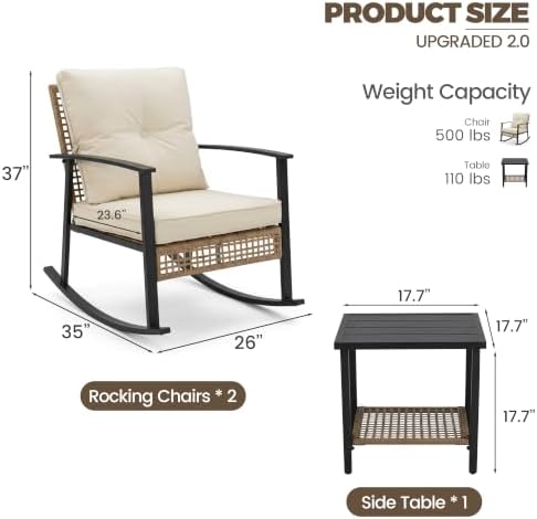 TARKARI 3-Piece Patio Rocking Chairs Set of 2, Rocking Chair Bistro Set [Upgraded 2.0] & 2-Tier Coffee Table, Wicker Rocking Chair Outdoor Patio Furniture Set for Backyard, Porch, Balcony (Beige) - Image 2