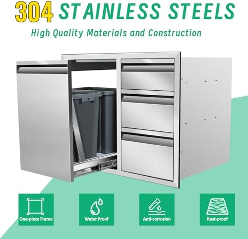 Outdoor Kitchen Door Drawer Combo Cabinet, 28"x22"x19.5" Left Trash Drawer Combo Cabinet & Built-in Triple Drawers for Patio Grill Station, Outdoor Kitchen Island (Drawer and Left Trash Drawer Combo) - Image 3