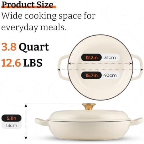 Parmedu Cast Iron Dutch Oven, 3.8 Quart, White, Shallow Braiser & Casserole - Image 2