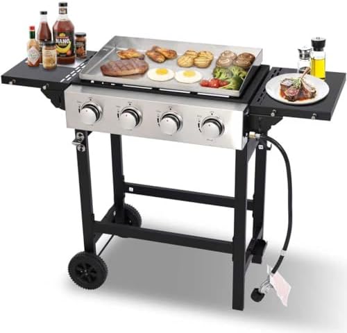Flat Top Gas Griddle Grill with Stainless Steel Griddle, Includes Dust Cover & Regulator, Perfect for Camping & Tailgating (4-Burner) by LabolataOutdoorGrills