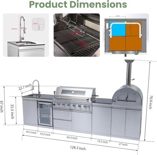 128" Outdoor Kitchen Island,Stainless Steel Natural Gas BBQ Grill with Pizza Oven, Rotisserie, Refrigerator, Granite Countertop, Storage Cabinets & Drawers 120,000 BTU. - Image 2
