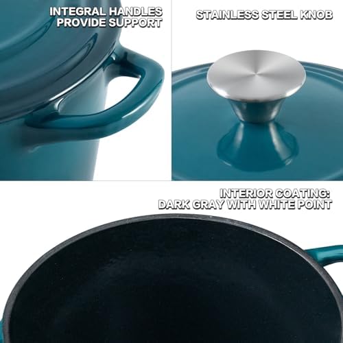 Flavehc Dutch Oven Pot with Lid 2.8 Qt Cast Iron Dutch Oven for Bread Baking, DarkCyan Enameled Cast Iron Soup Pot, Small Deep Dutch Oven for Soup, Stews & Small Family Meals - Image 2