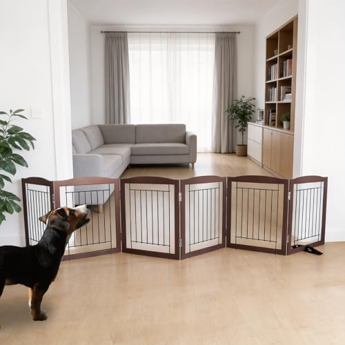 ZJSF Freestanding Dog Fence Indoor, Foldable Dog Gate for Doorways, Stairs or Hallways, Sturdy Wood Extra Wide Pet Gate with Support Feet for The House, Brown, 24 "Height-6 Panels by ZJSF