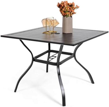 35" Square Metal Patio Dining Table with Slat Top and Umbrella Hole - Black - Image 3