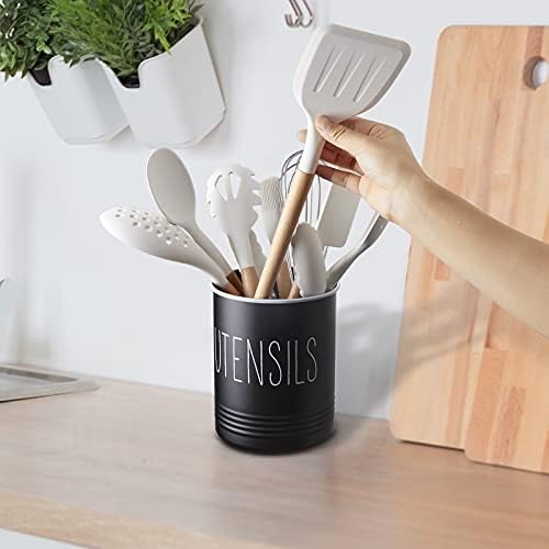 Bivvclaz Kitchen Utensil Holder, 6.7" Utensil Holder for Kitchen Counter, Cooking Utensil Crock with Cork Bottom, Modern Farmhouse Decor, Countertop Utensil Storage Organizer Caddy, Black - Image 7