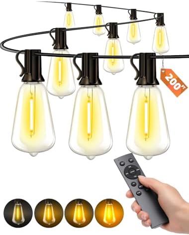 Outdoor Patio String Lights: 200Ft 60M Outside Waterproof Light - Remote Dimmable ST38 Shatterproof Bulb Connectable Hanging Outdoor Electric Lighting - Backyard Yard Gazebo Porch Party by Vozuji