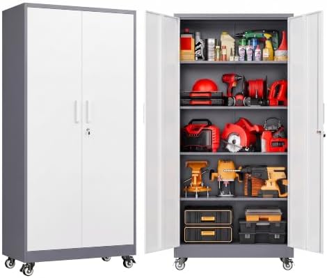 SISESOL 75" Tall Gray White Metal Storage Cabinet with Wheels and Shelves by SISESOL