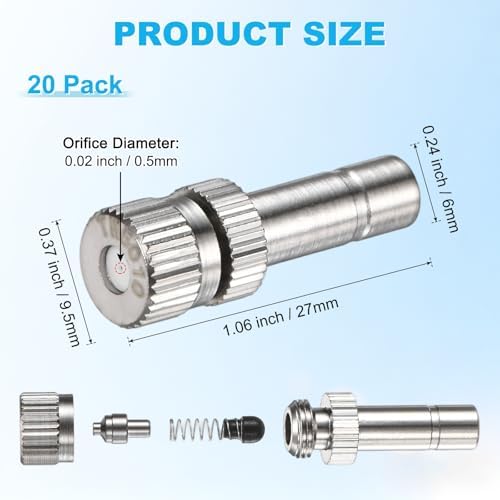 M METERXITY 20-Pack Brass Misting Nozzles, 0.02"/0.5mm Orifice Mister Replacement Heads for Outdoor Cooling System/Landscaping/Humidification/Greenhouse, 6mm Low-Pressure Fog Sprayer Nozzle - Image 3