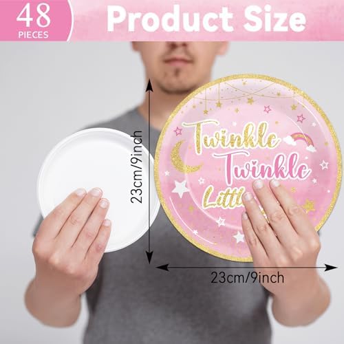 Wiooffen 48 Pcs Twinkle Twinkle Little Star Party Supplies 9" Paper Plates Set Gender Reveal Theme Tableware Pack Pink Baby Shower Party Dessert Plates Little Star Birthday Holidays Decorations - Image 2