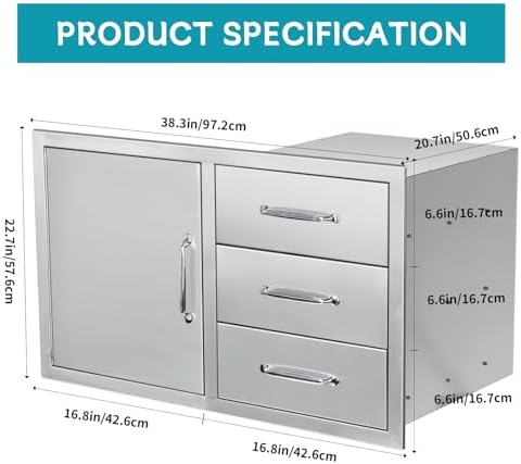 Outdoor Kitchen Door Drawer Combo Cabinet,38.1W x 22.6H x 20.8D Stainless Steel with Handles,Triple Drawers & BBQ Access Combo for Outdoor Kitchen Island (Drawer with Handle and Left Door Combo) - Image 2