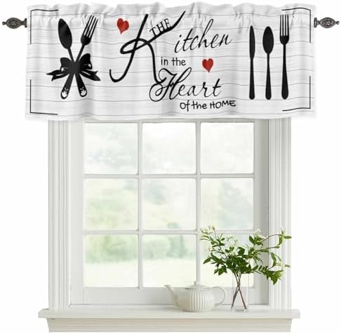 Valances for Windows, Kitchen Tableware Valance Curtains Blackout Drapes for Kitchen/Bathroom/Cafe, Red Love Heart Black Words Vintage Rod Pocket Window Toppers Valances 2 Pack Clearance 60''x18'' - Image 2