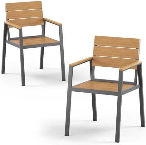 Outdoor Dining Chiars Set of 2, Aluminum Patio HDPS Outdooor Dining Chiars, All Weather Patio Furniture Set (Gray & Teak) by ComfCove