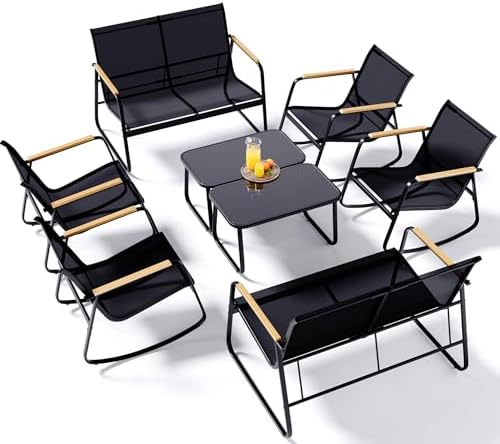 Ahomly 8-Piece Outdoor Patio Furniture Set, Textilene Rocking Set, Black - Image 2