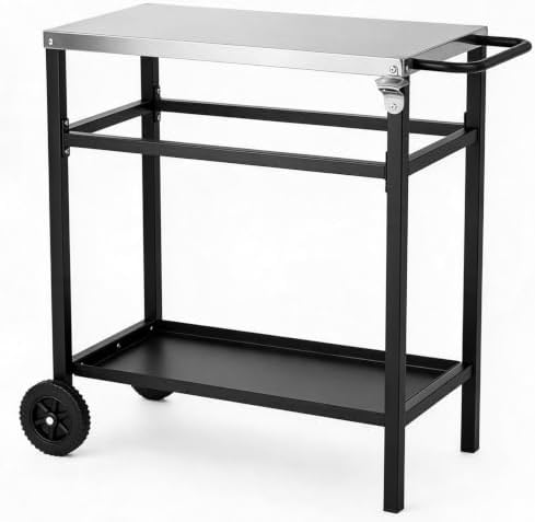 Outdoor Grill Cart, Stainless Steel BBQ Prep Table with 2-Tier Storage, Heavy-Duty Steel Frame, 6-Inch Wheels & Handle, Portable Outdoor Cooking Station for Patio, Backyard, Pizza Oven, Black & Silver by DESIGNSCAPE3D