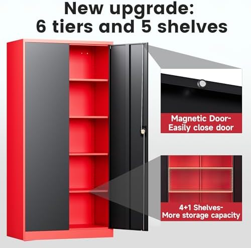 Letaya Metal Storage Cabinets with Lock, 72" Tall Locker Organizer Steel Cabinets, Adjustable Layers Shelves 2 Doors for Home, Office, Warehouse,Garage(Black Red) - Image 5