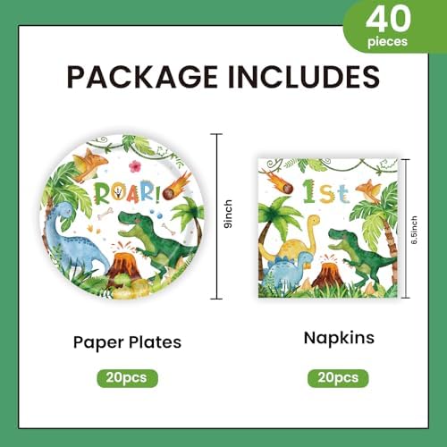 40pcs Watercolor Dinosaur Paper Plates and Napkins Party Supplies, 9 Inch Disposable Dinosaur Birthday Plates and Napkins Tableware Set for Kids Boys Birthday Decorations Serves 20 - Image 2