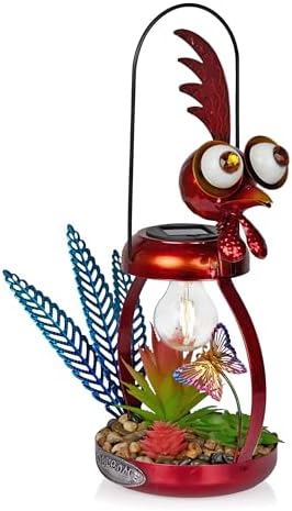 Alpine Corporation LYT286SLR-HH Solar-Powered Metal Rooster w/Garden Enclosed LED Light Decor, Solar Patio Decor, 16''H, Red by Unknown