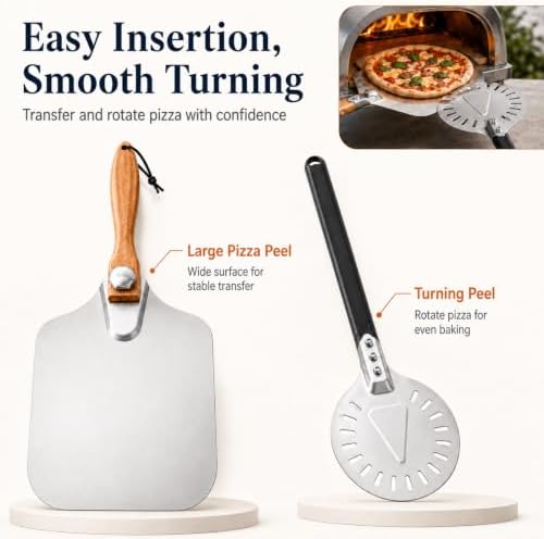 Pizza Peel Set, 8 Piece Pizza Oven Accessories Kit, 12x14 Inch Aluminum Pizza Paddle with Foldable Wooden Handle, 8 Inch Perforated Mini Peel, Rocker Cutter, Scraper, Server, Brush, Glove & Bag - Image 3