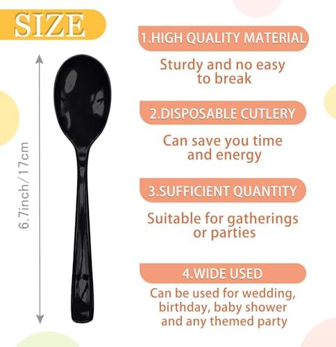 SietDESEO 25 PCS Black Plastic Spoons Disposable Utensils Heavy Duty Black Spoons Disposable Cutlery for Birthday Wedding Baby Shower Bridal Shower Plastic Silverware - Image 3