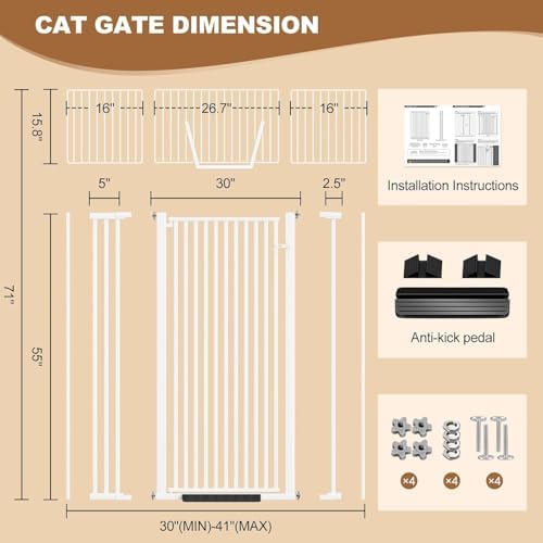 71" Extra Tall Pet Gate, 30-41" Wide Auto Close Tall Dog Gate with Extension Kits, No Drilling Pressure Mounted Cat Gate for Doorway, Stairs, Kitchen, Hallway - Image 2