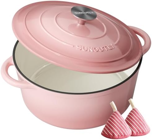 Enameled Cast Iron Dutch Oven, 4.5QT Pot with Lid, Gentle Pink by SUNOUTLY