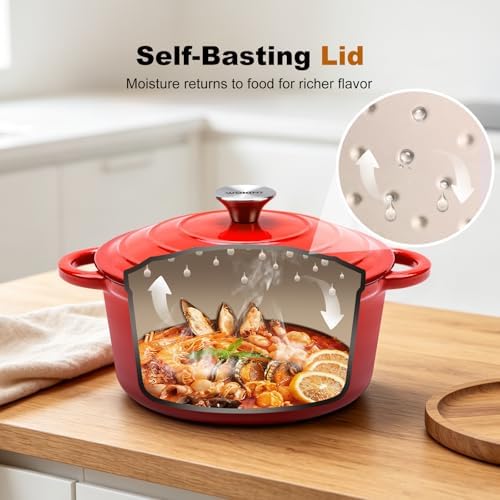 Enameled Cast Iron Round Dutch Oven -4QT Pot With Lid,Red - Image 4