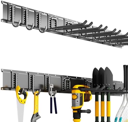 Garage Tool Organizer Wall Mount, 48 Inch Heavy Duty Garden Tool Organizer Storage System, Easy Install with 9 Adjustable Hooks, for Garage, Basement, Shed, Workshop, Black, Steel by CRXCRC