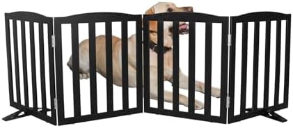 Freestanding Dog Gate Indoor,Doggie Gate Foldable Pet Gates for Doorways,Stairs or Hallways, Wooden Black Pet Gate for the House, Pet Fence with Support Feet Included,24 "Height-4 Panels by SFJC