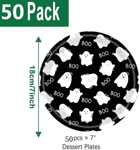 50Pcs Halloween Party Plates Ghost Spooktacular Halloween Paper Plates 7Inch Pumpkin Ghost Plates Black White Boo Paper Plates for Haunted House Themed Boo Pumpkin Birthday Party Decorations (white) - Image 2