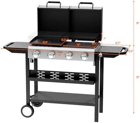 ROVSUN 2-in-1 Propane Gas Grill and Griddle Combo with Lid, 4 Burner Standing Flat Top Griddle & Grill with 40000BTU Output, Auto Ignition, Enamel Grate for Outdoor Backyard BBQ Cooking - Image 6
