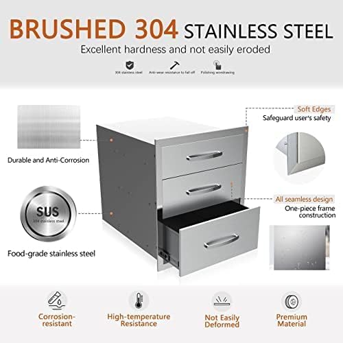 Outdoor Kitchen Drawers Stainless Steel 3-Drawer BBQ Drawer Enclosed Built-in Drawer Flush Mount For Outdoor Kitchens & BBQ Islands,20Wx23Dx27H - Image 3