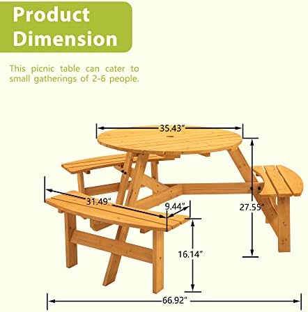 35.43'' Round Outdoor Dining Table Wooden Patio Dining Table & 3 Curved Built-in Bench for 6, 2" Umbrella Hole, Suitable for Backyard Garden Porch, Natural - Image 2