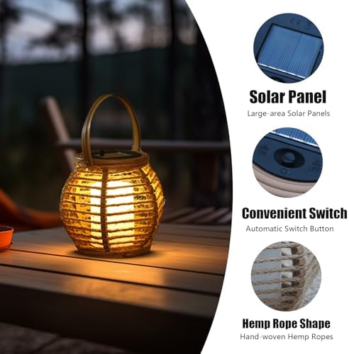 Solar Hanging Lantern, Hand-Woven Hemp Rope, IP44 Waterproof LED - Image 4
