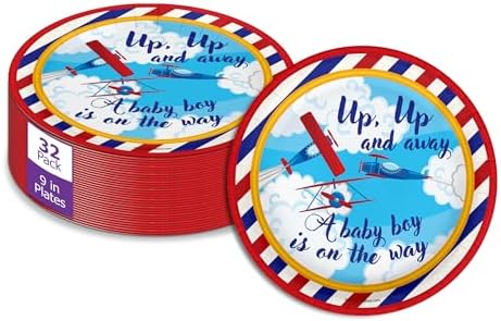 Up Up and Away Airplane Baby Shower - 32 Piece Disposable Party Supplies - Baby Shower Decorations - Round Party Plates - Large 9" Paper Plates In Bulk by BirthdayGalore
