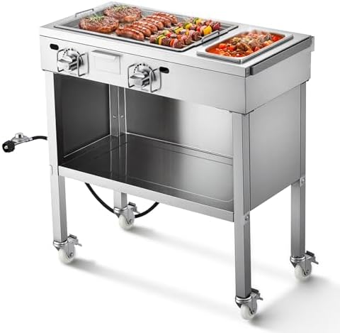 VEVOR Outdoor Propane Griddle, 2 Burners (11,600 BTU Each), Commercial Stainless Steel Gas Griddle Cart with 4 Lockable Wheels, 1/3 Food Pan, Easy-Grip Side Handle, Ideal for Hot Dogs, Burgers & Meats by VEVOR