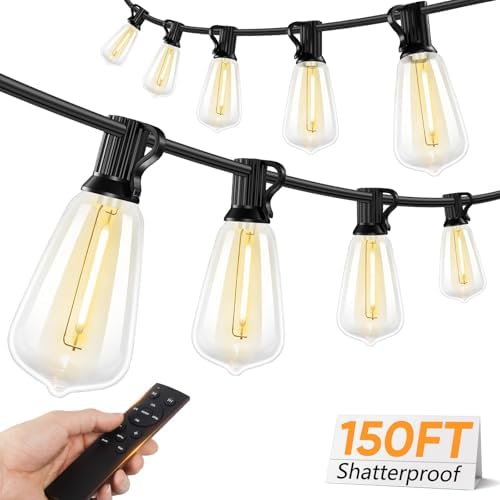 Brightever LED Outdoor String Lights, 150FT Dimmable Patio Lights with Remote Control, 45+2 Shatterproof ST38 Edison Bulbs, 3 Lighting Modes, 3H/5H Timer, Outdoor Hanging Light for Holiday, Party by Brightever