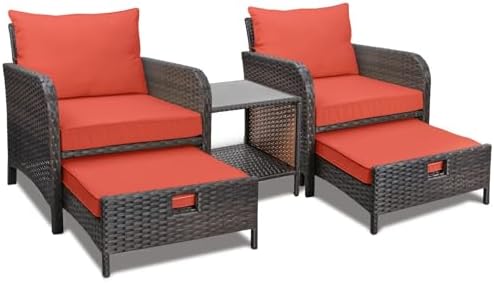 LEVELEVE Balcony Furniture 5 Piece Patio Conversation Set, PE Wicker Rattan Outdoor Lounge Chairs with Soft Cushions 2 Ottoman&Glass Table for Porch, Lawn-Brown Wicker by Enjoyyourlife
