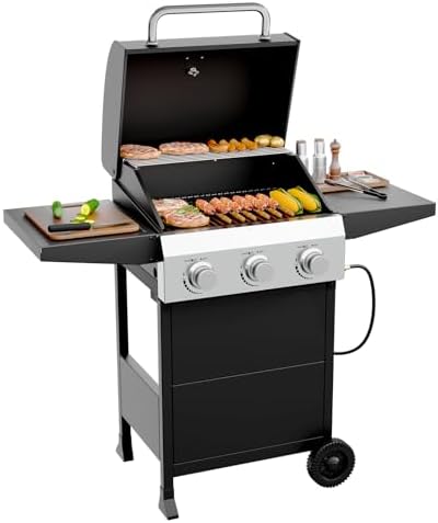 ROVSUN 3 Burner Propane Gas Grill with Foldable Side Shelves, 36000BTU BBQ Grills with Enameled Cast Iron Grates, Cabinet & Poratable Rolling Wheels for Outdoor Garden Patio Backyard Barbecue Cooking by ROVSUN