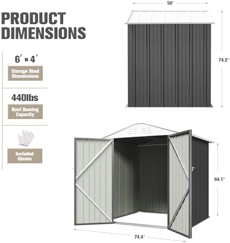 JUMMICO Metal Outdoor Storage Shed 6 x 4 FT Metal Shed with Lockable Door,Waterproof Garden Tool Shed Storage House for Backyard Patio Lawn,Grey - Image 5