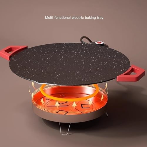 Electric Smokeless Grill, Non-Stick BBQ Griddle with Temperature Control, Round Cooking Surface with Red Handles, Indoor Barbecue Pan for Meat and Seafood (11) - Image 6